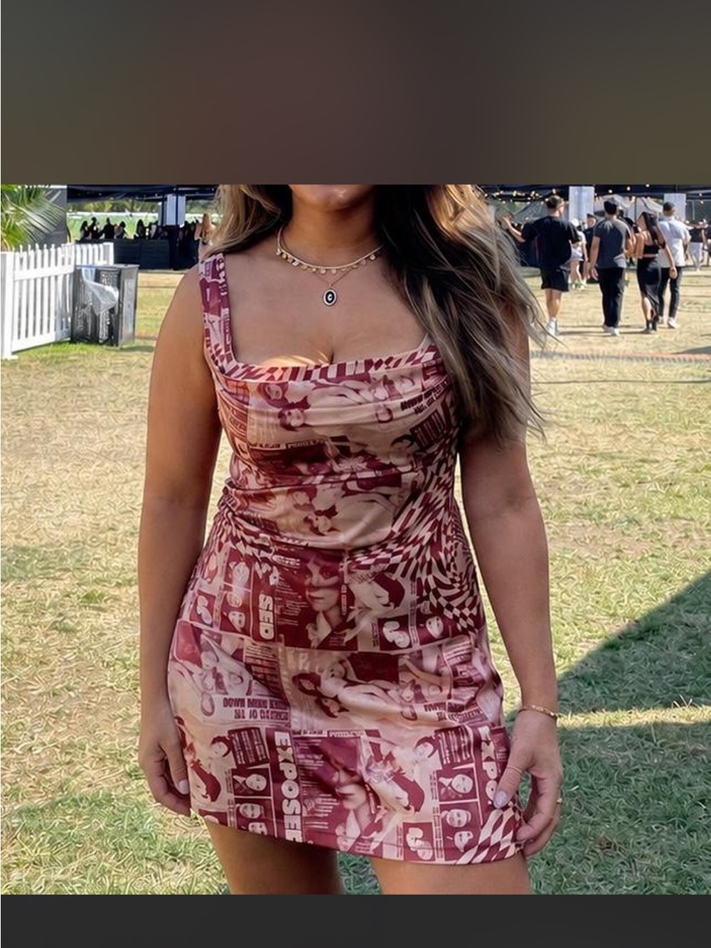 Miaou Burgundy Graphic Print Cowl Neck Mini Dress